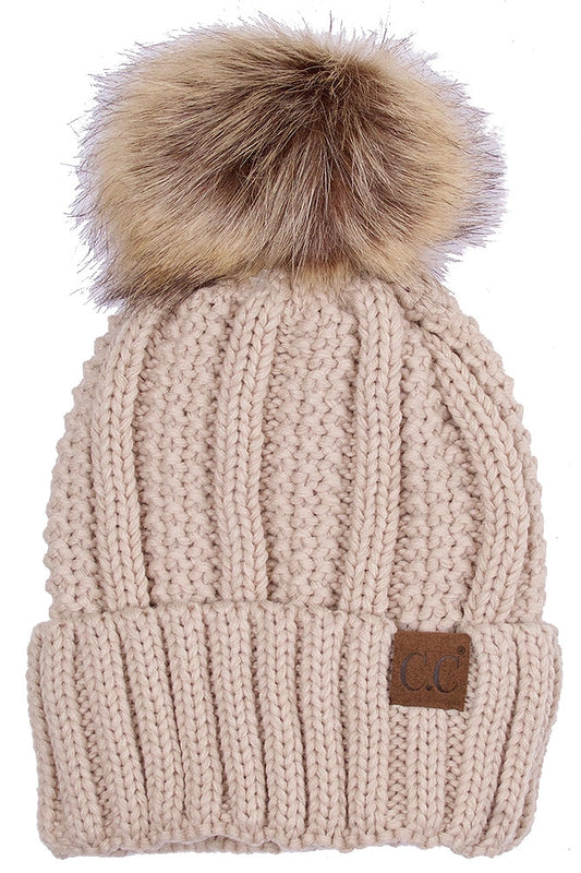 C.C. Knit Pom Beanie with Fuzzy Lining